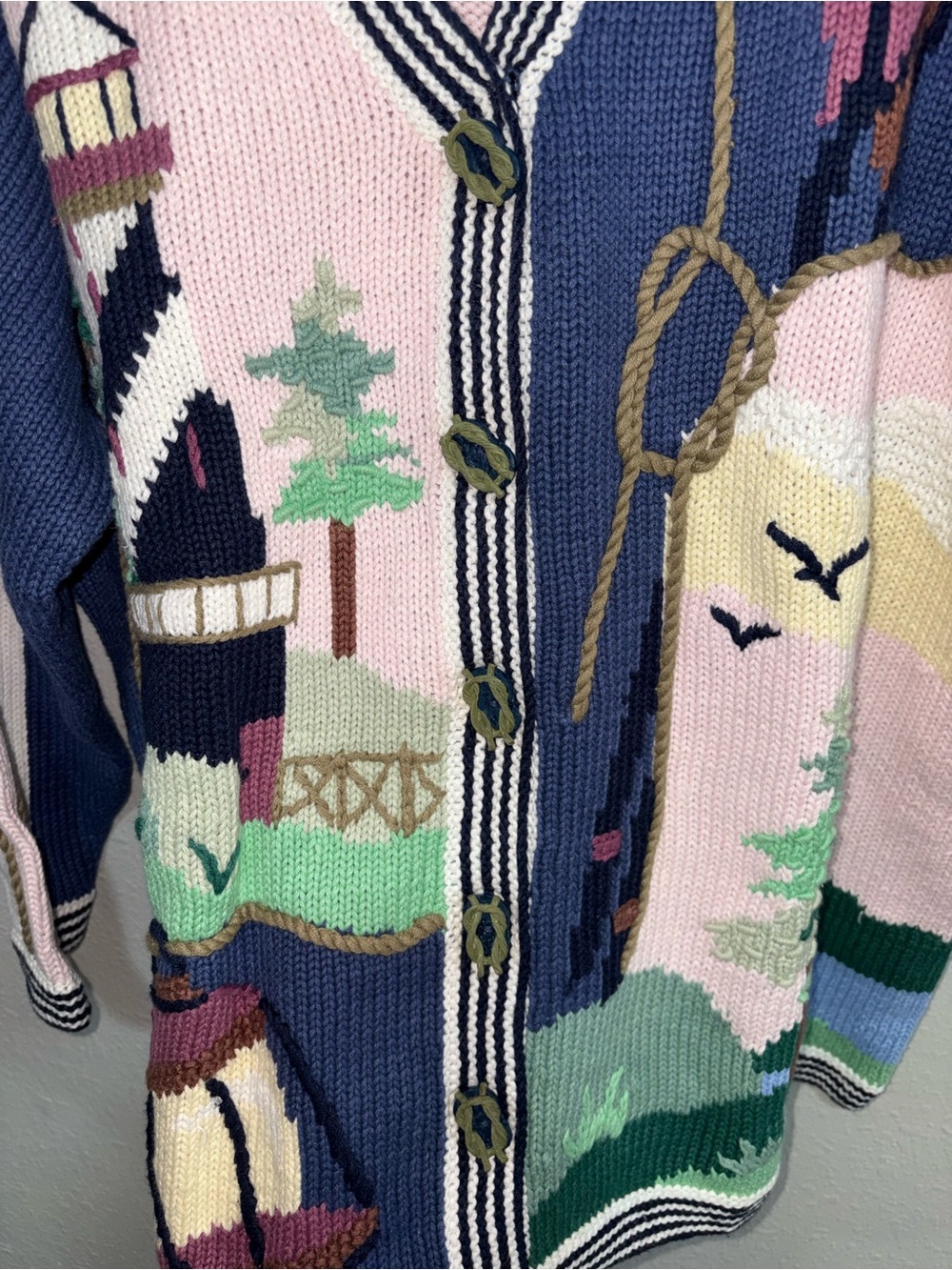 Storybook Knits Coastal Lighthouse Button-Front Cardigan - Blue, Pink & Cream - Picture 9 of 11